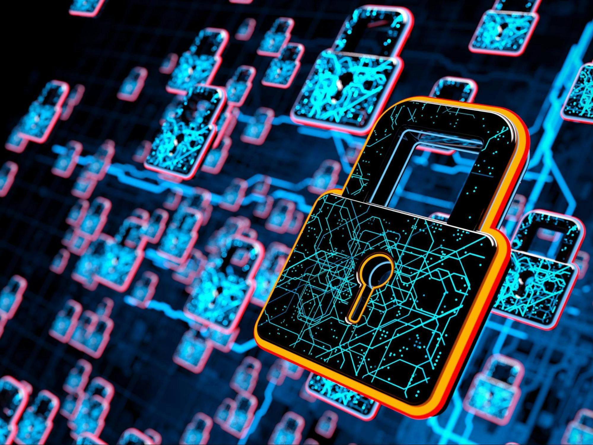 Stylized glowing padlocks overlaid with computer circuits, representing data security